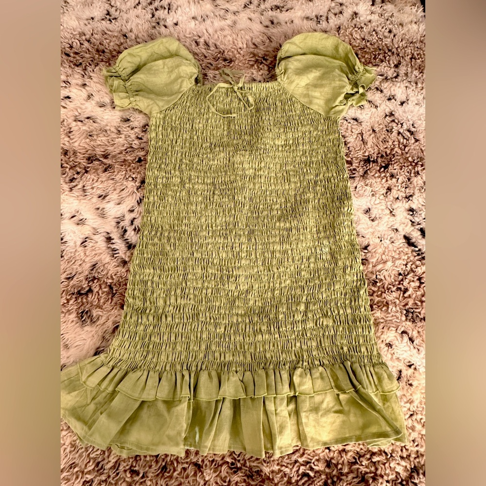 Faithfull The Brand Linen Dress Mini Green. Size US10